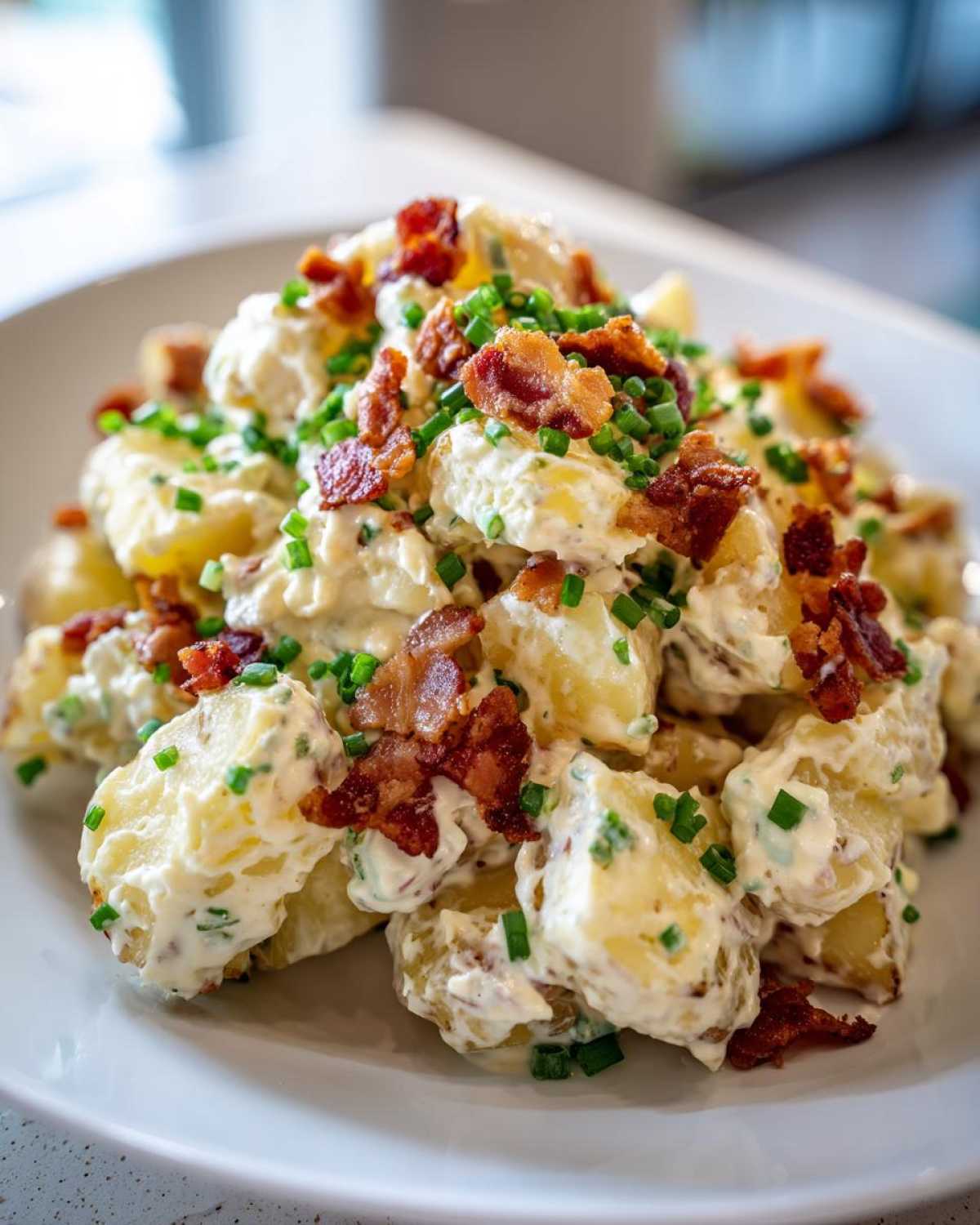 A close-up serving of creamy Loaded Baked Potato Salad topped with crispy bacon bits and fresh chives.