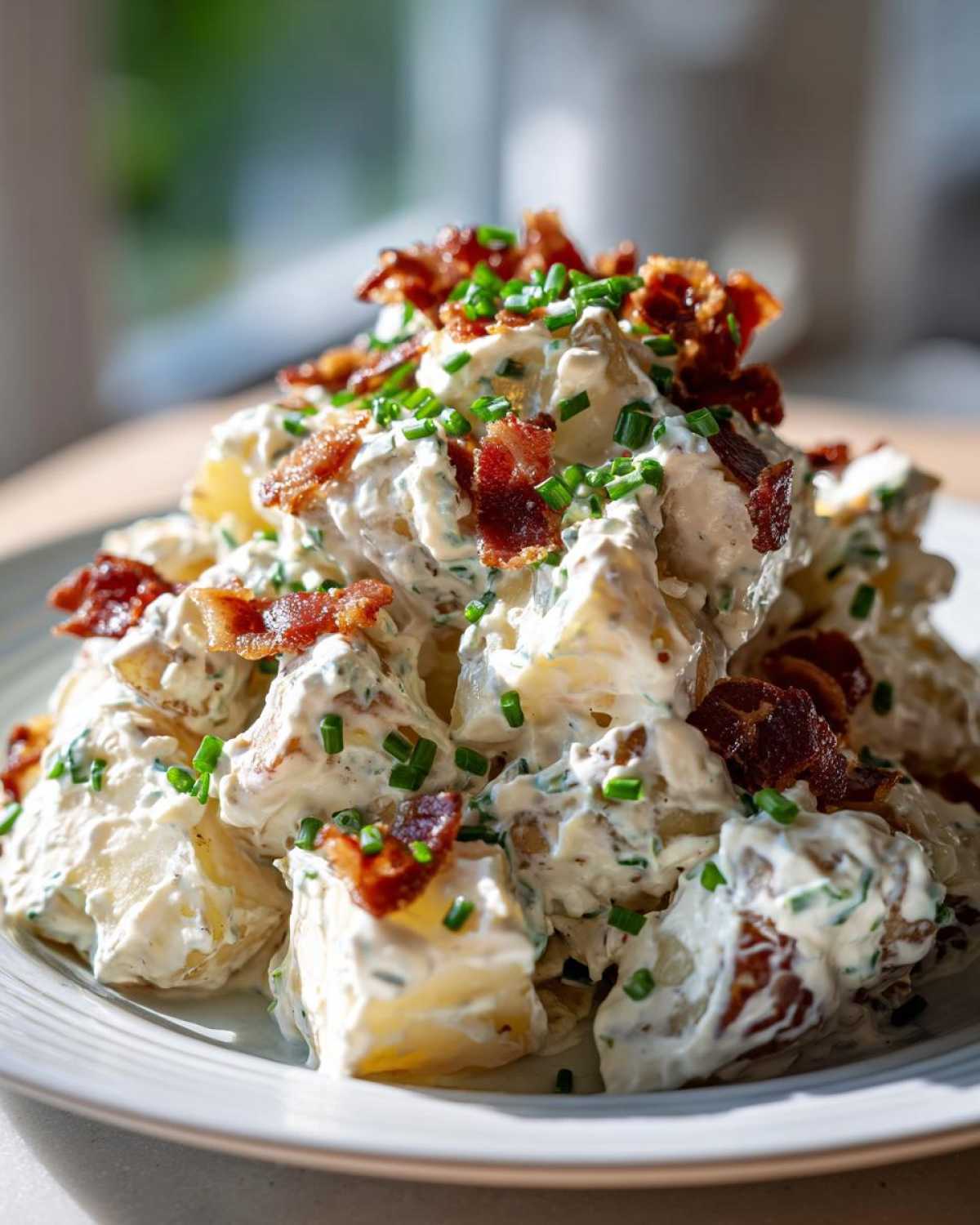 A mound of creamy Loaded Baked Potato Salad topped generously with crispy bacon bits and fresh chopped chives.