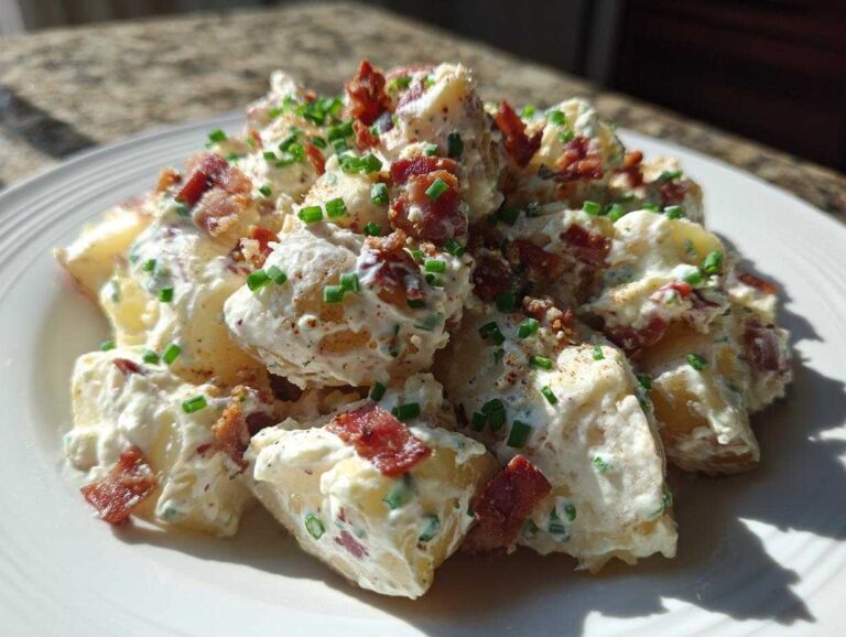 Stunning Loaded Baked Potato Salad in 1 Easy Recipe A serving of creamy Loaded Baked Potato Salad topped generously with crispy bacon bits and fresh green chives.