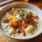 Close-up of a creamy bowl of Loaded Baked Potato Soup topped with cheddar cheese, bacon, sour cream, and chives.