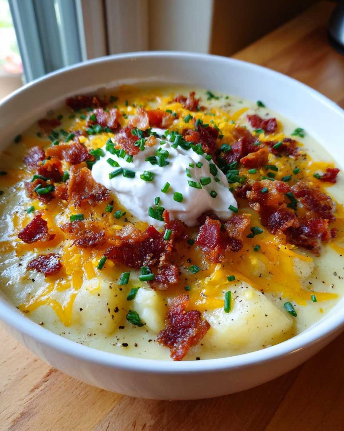 A close-up of a bowl of creamy Loaded Baked Potato Soup topped with cheddar cheese, bacon, sour cream, and chives.