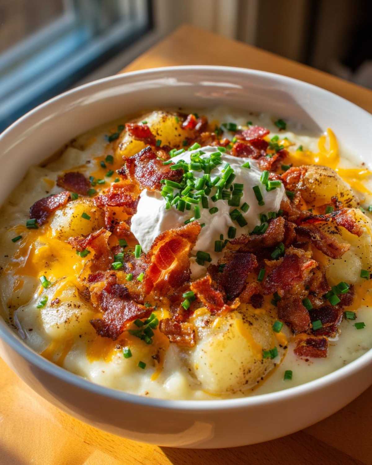 Close-up of a hearty bowl of Loaded Baked Potato Soup topped with sour cream, bacon bits, cheddar cheese, and fresh chives.