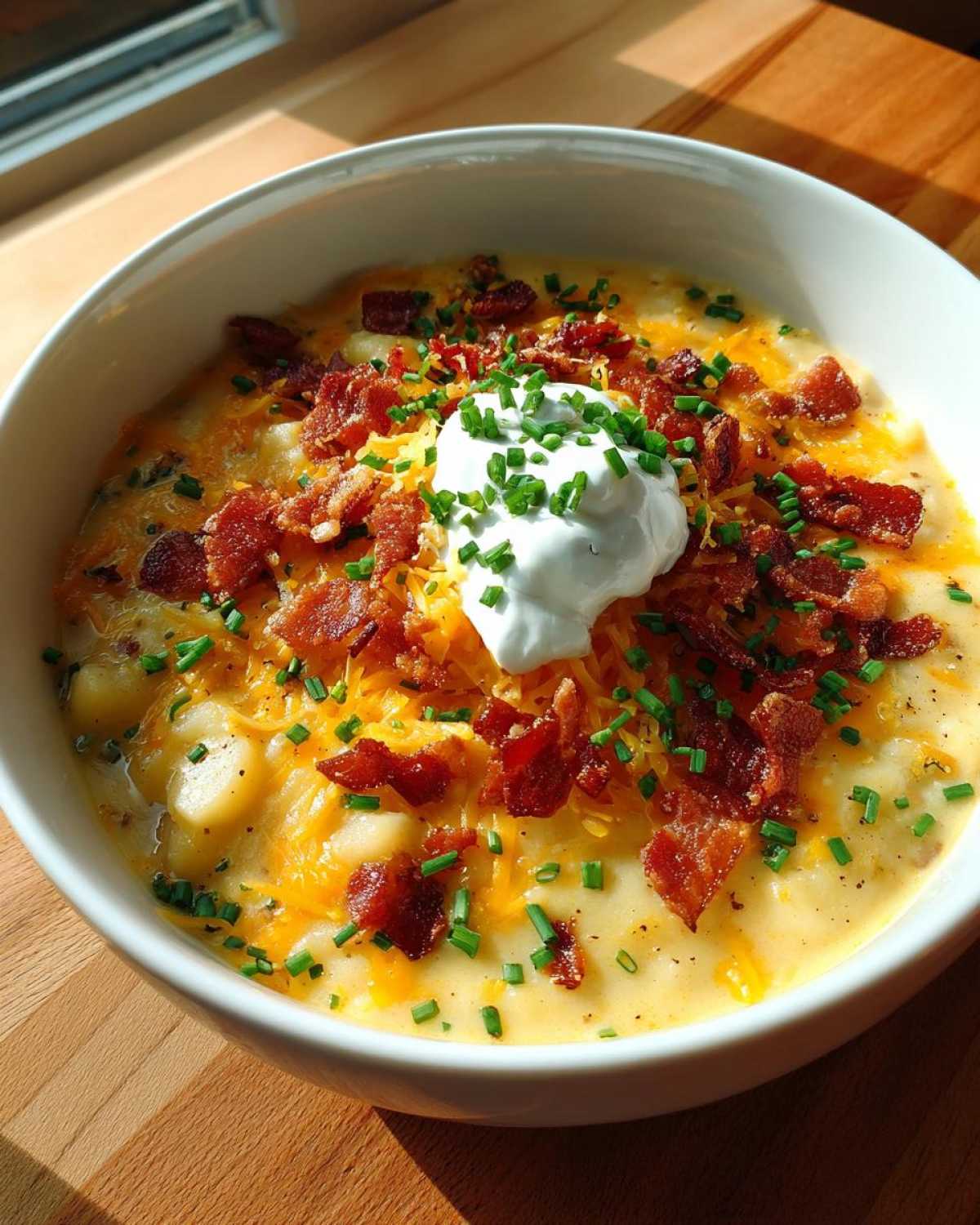 A close-up of a hearty bowl of Loaded Baked Potato Soup topped with shredded cheddar, bacon bits, sour cream, and chives.