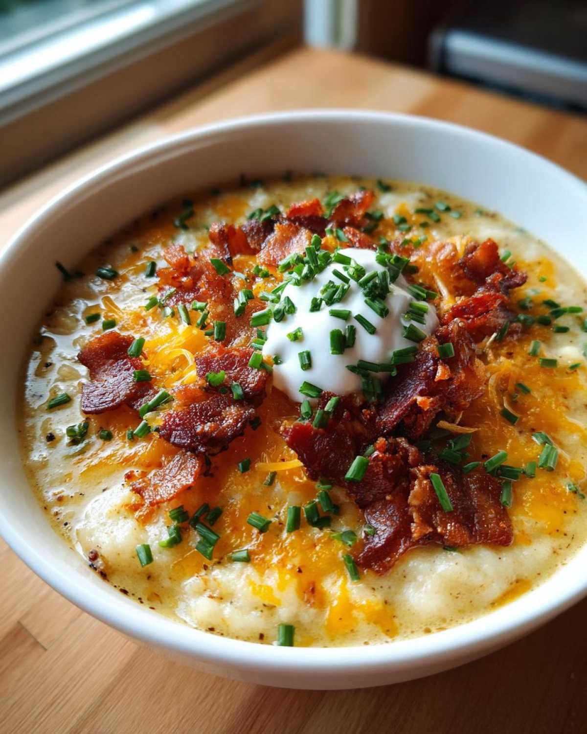 A close-up of creamy Loaded Baked Potato Soup topped with shredded cheese, crispy bacon, sour cream, and chives.