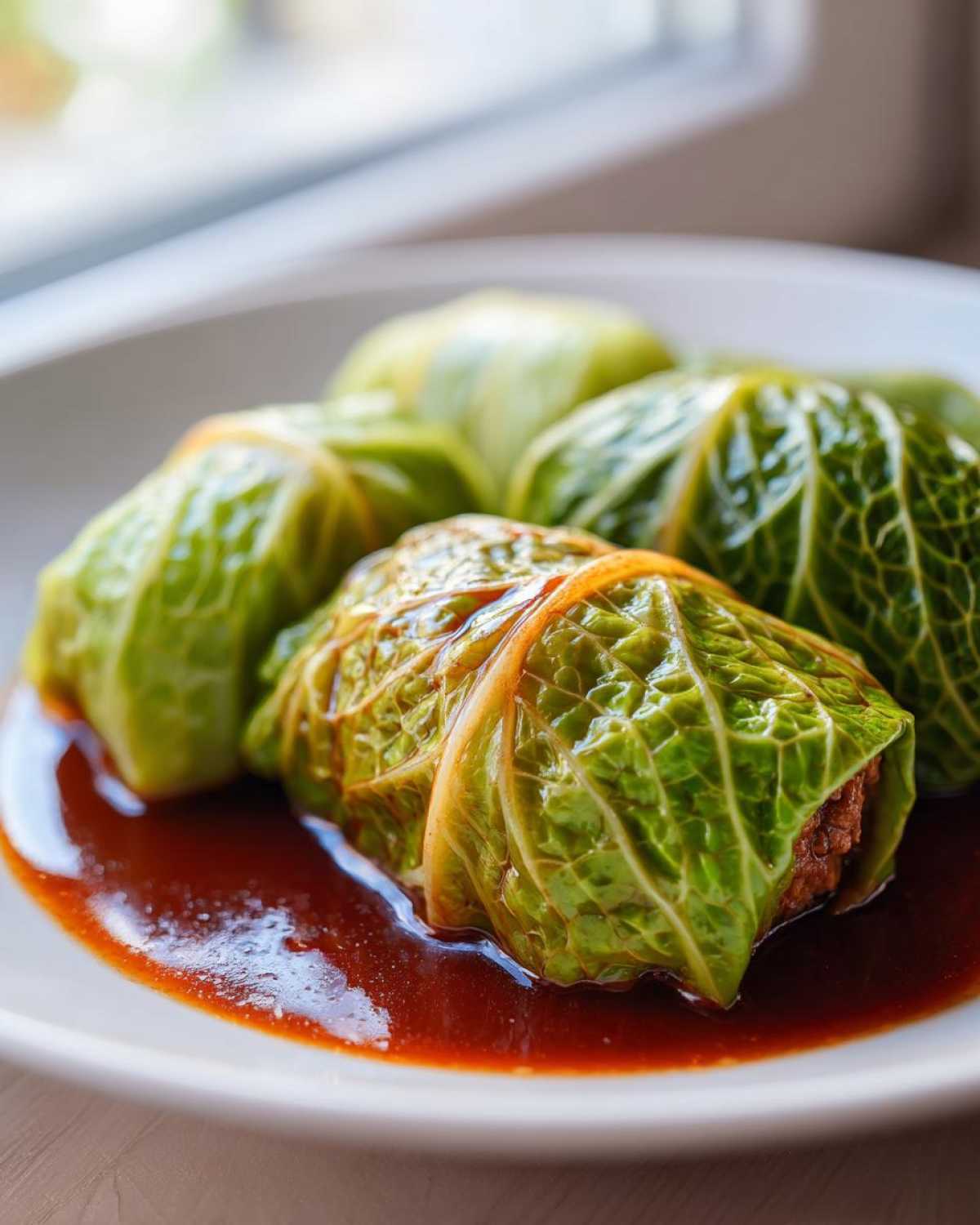 Close-up of four savory cabbage rolls nestled in a pool of rich, dark red sauce on a white plate.