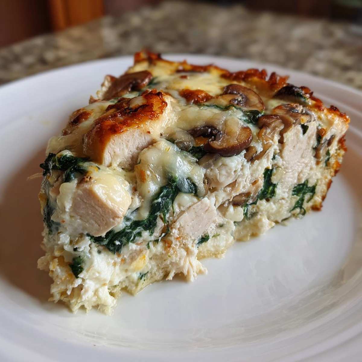 A thick, cheesy slice of Low-Carb Chicken Spinach Mushroom Casserole topped with browned mushrooms.