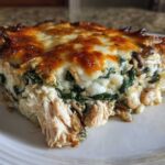 A generous slice of Low-Carb Chicken Spinach Mushroom Casserole with shredded chicken, spinach, and a bubbly, browned cheese topping.
