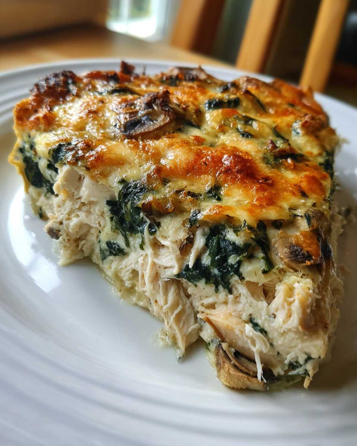 Close-up of a slice of Low-Carb Chicken Spinach Mushroom Casserole with shredded chicken, spinach, and browned cheese topping.