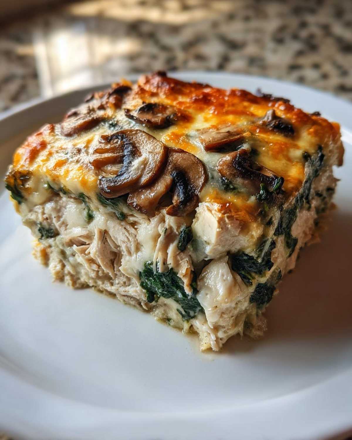 A thick, cheesy slice of Low-Carb Chicken Spinach Mushroom Casserole topped with browned mushrooms.