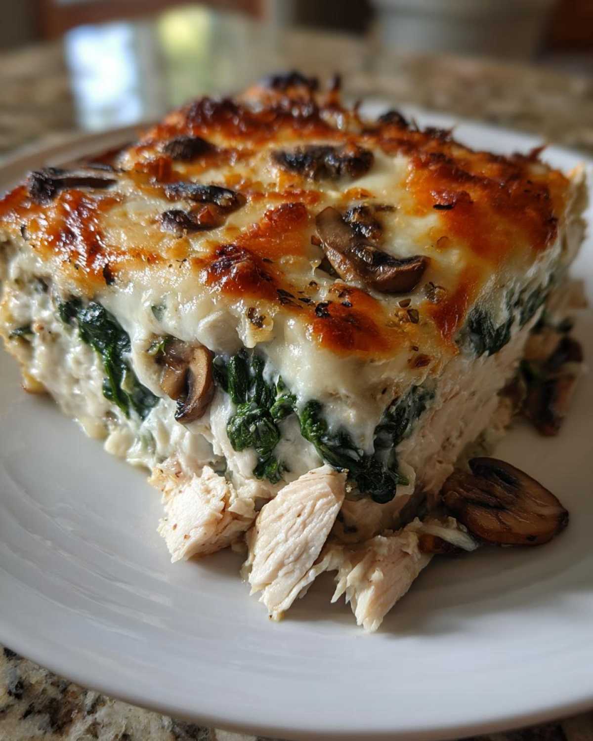 A square serving of Low-Carb Chicken Spinach Mushroom Casserole with a golden, cheesy top and visible layers of chicken and spinach.