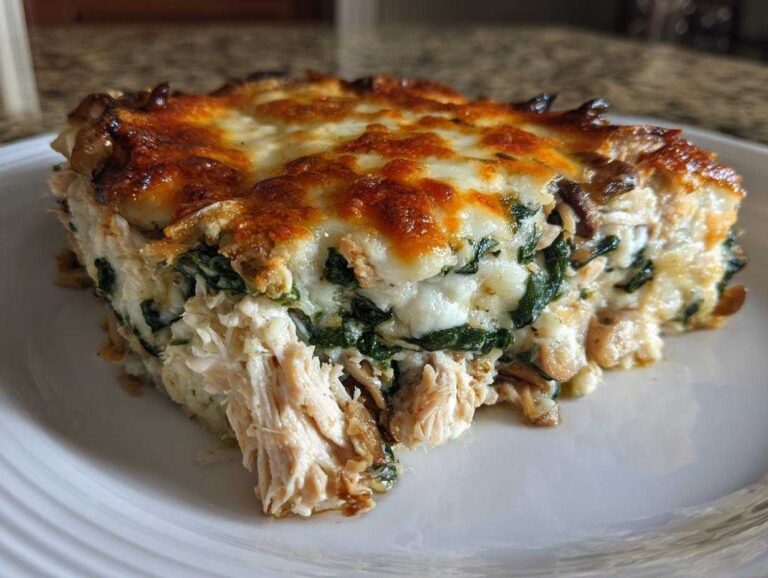 A generous slice of Low-Carb Chicken Spinach Mushroom Casserole with shredded chicken, spinach, and a bubbly, browned cheese topping.