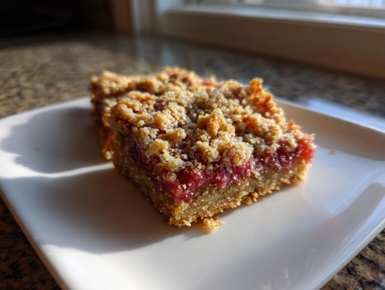 A single square serving of Low-Carb Rhubarb Dream Bars (Almond) with a crumbly topping, sitting on a white plate.