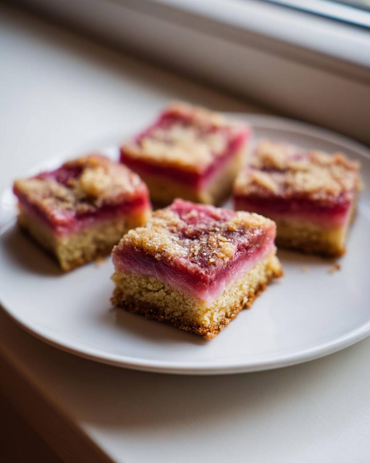 Four square slices of Low-Carb Rhubarb Dream Bars (Almond) with a crumbly topping on a white plate.