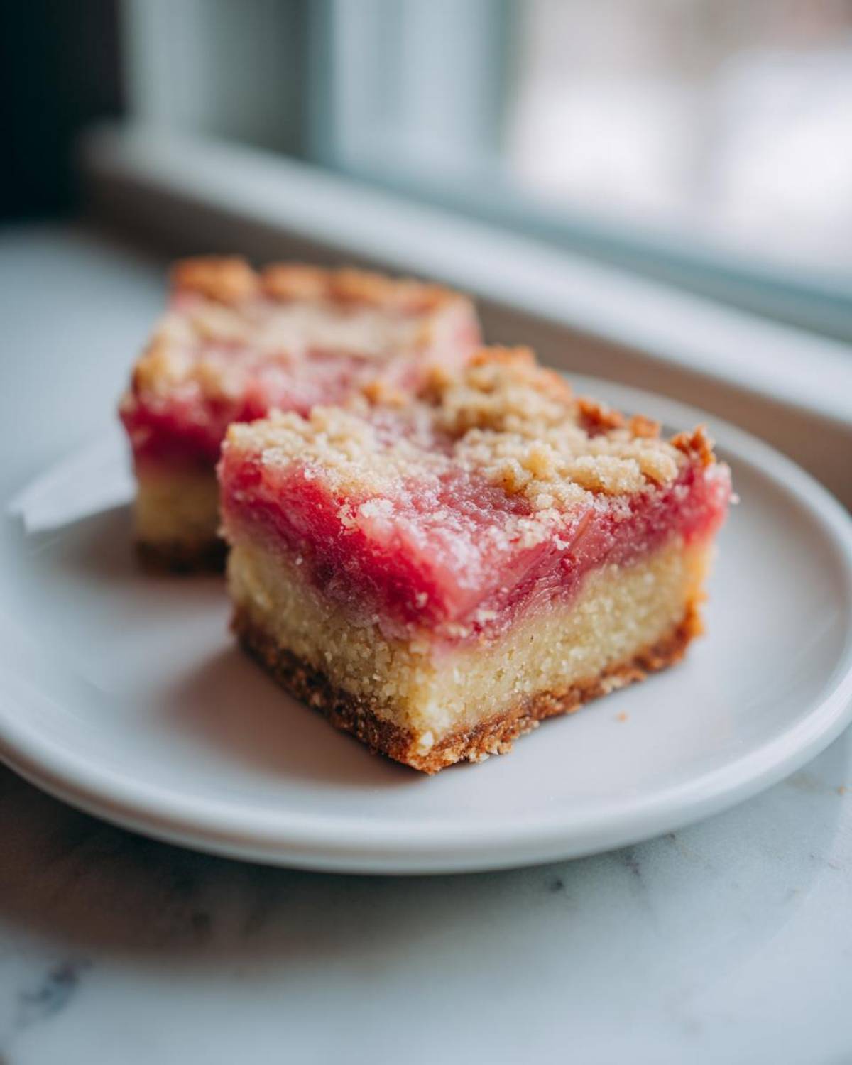 Two square slices of Low-Carb Rhubarb Dream Bars (Almond) with a bright pink rhubarb filling and crumb topping on a white plate.