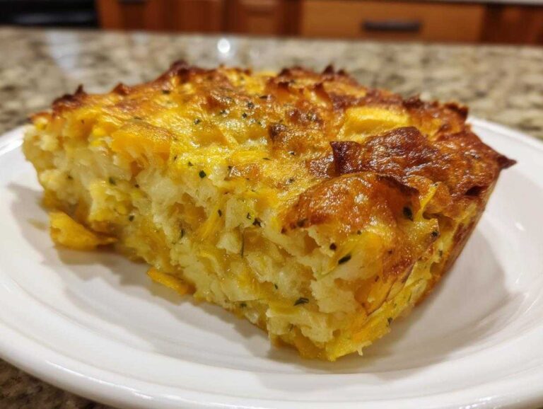 A close-up of a square serving of baked Low-carb squash casserole with a golden, cheesy, browned top, served on a white plate.