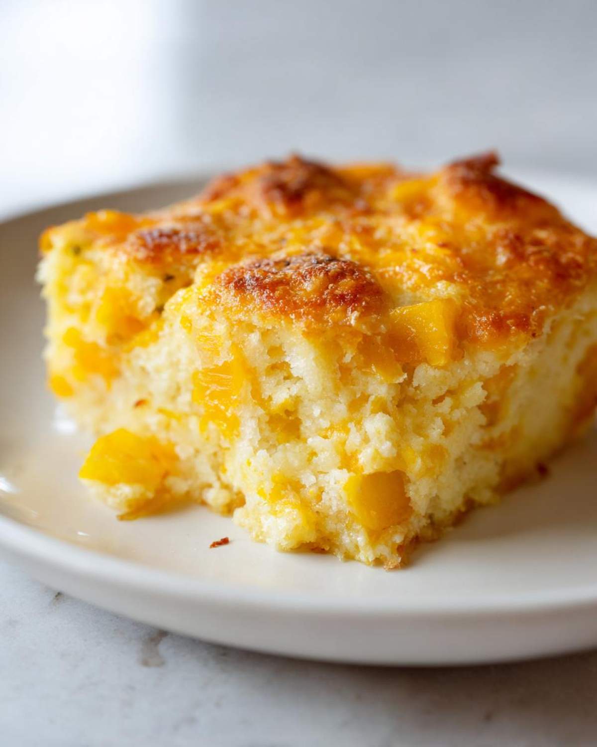 Close-up of a square serving of Low-carb squash casserole, showing yellow squash pieces in a baked, cheesy base.