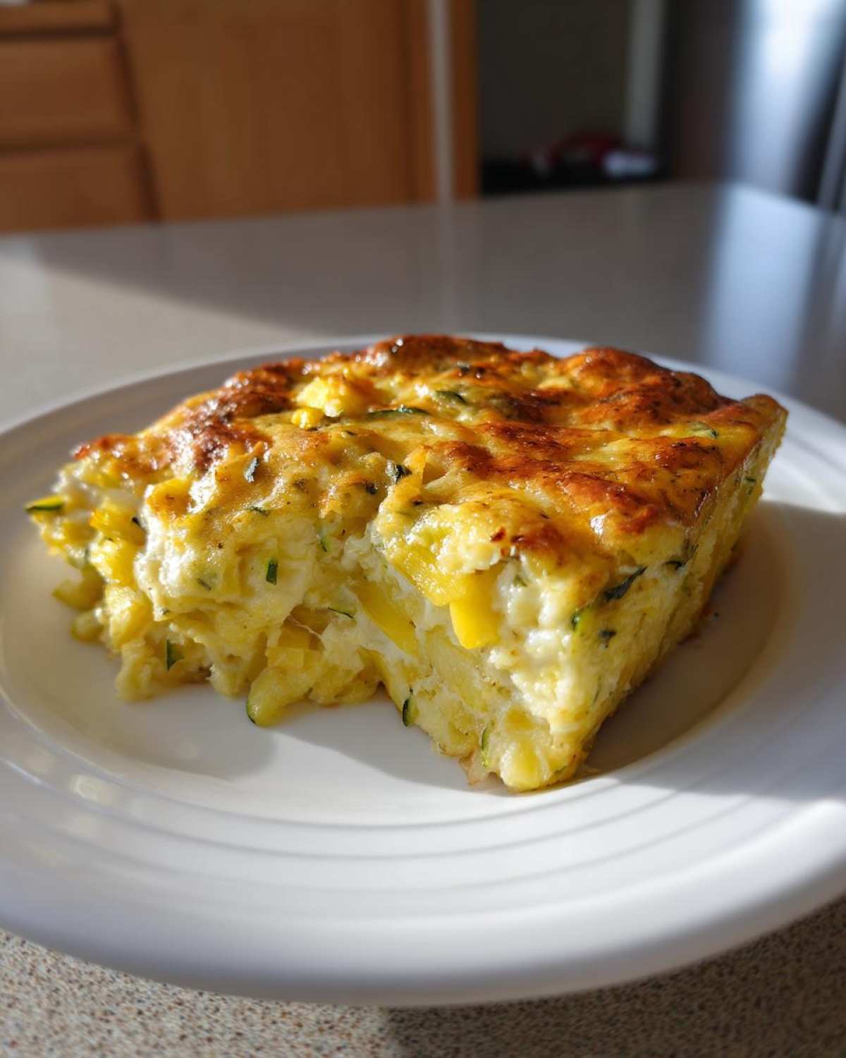 A square slice of cheesy, baked low-carb squash casserole with visible yellow squash and zucchini pieces.