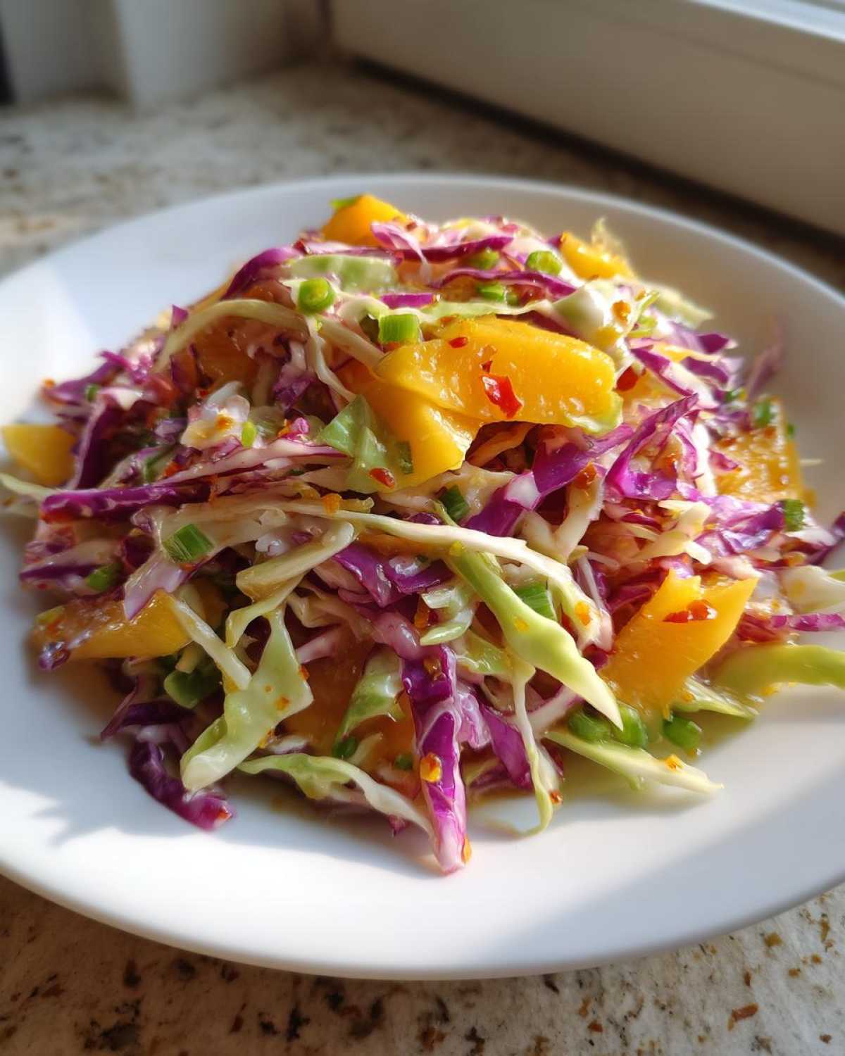 Close-up of vibrant Mango Habanero Summer Slaw featuring shredded purple and green cabbage, bright orange mango chunks, and green onions.