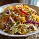 Close-up of vibrant Mango Habanero Summer Slaw featuring shredded cabbage, carrots, and chunks of mango in a white bowl.