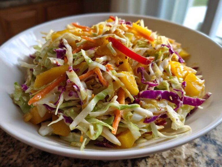 Close-up of vibrant Mango Habanero Summer Slaw featuring shredded cabbage, carrots, and chunks of mango in a white bowl.