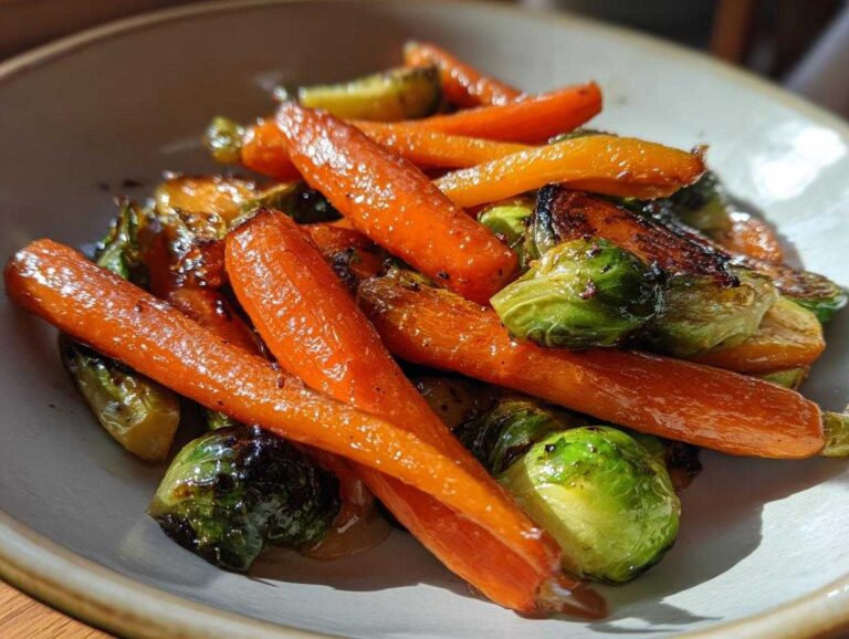 Close-up of roasted baby carrots and Brussels sprouts coated in a shiny Maple Glazed Carrots and Brussels Sprouts glaze.