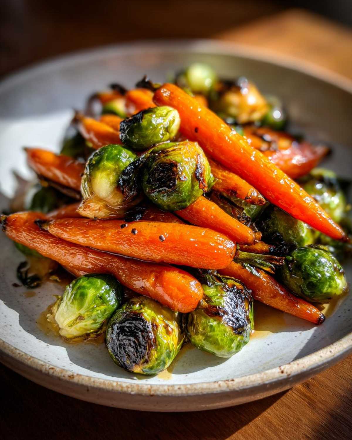 Close-up of roasted Maple Glazed Carrots and Brussels Sprouts piled high in a rustic bowl, showing caramelization.