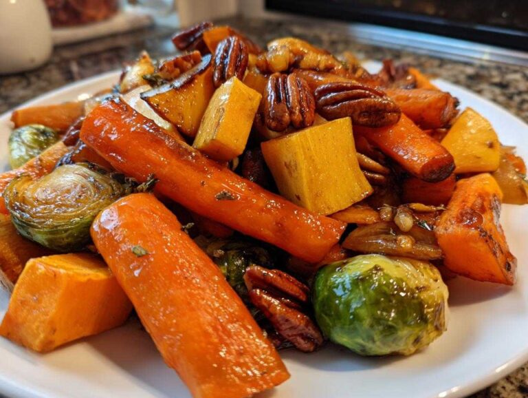 Close-up of glazed Maple Roasted Thanksgiving Veggies including carrots, butternut squash, Brussels sprouts, and pecans.