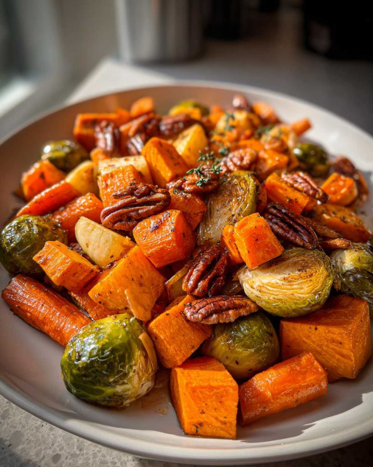 A close-up of Maple Roasted Thanksgiving Veggies featuring caramelized sweet potatoes, Brussels sprouts, and pecans.