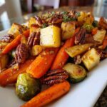 Close-up of Maple Roasted Thanksgiving Veggies including carrots, potatoes, Brussels sprouts, and pecans.