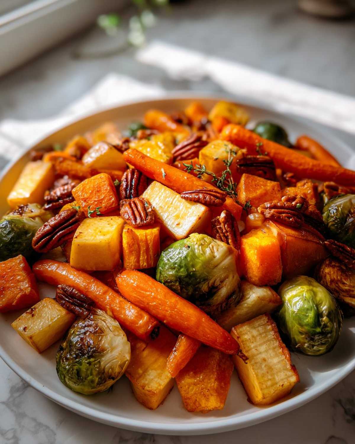 Close-up of Maple Roasted Thanksgiving Veggies including carrots, squash, Brussels sprouts, and pecans.