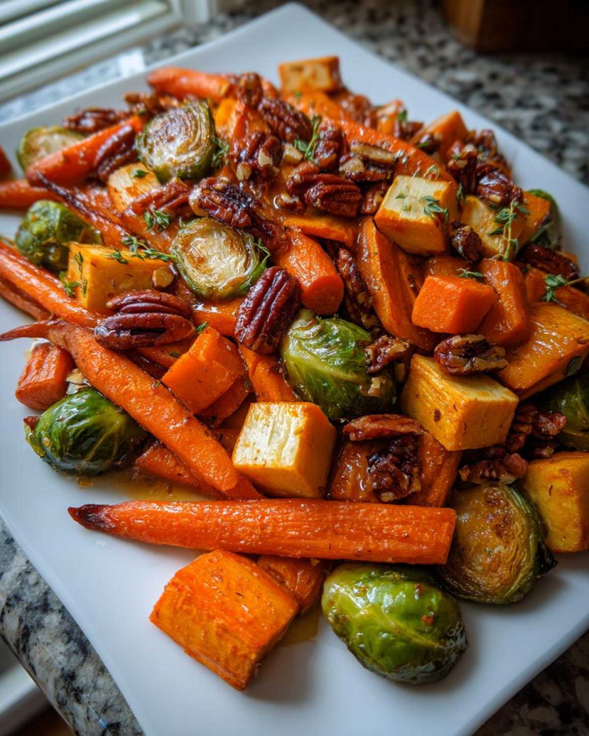 A close-up of Maple Roasted Thanksgiving Veggies featuring glazed carrots, Brussels sprouts, squash cubes, and pecans on a white platter.