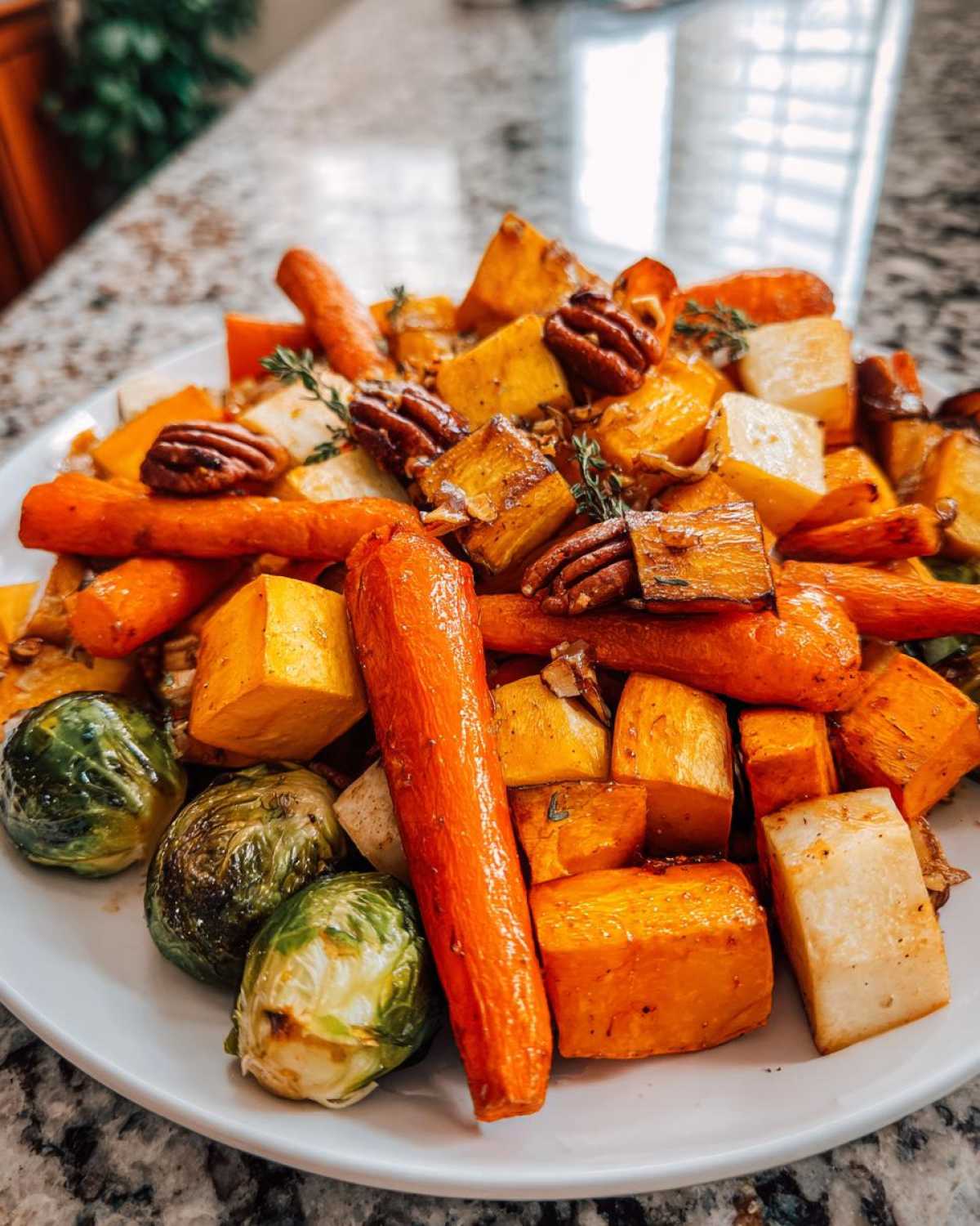 A close-up of Maple Roasted Thanksgiving Veggies including carrots, sweet potatoes, parsnips, and Brussels sprouts topped with pecans.