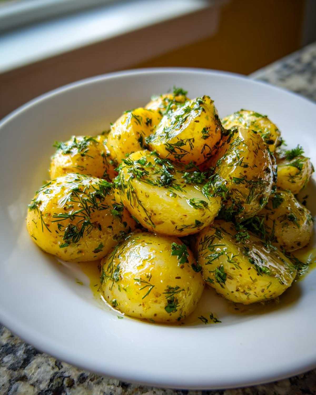 Close-up of bright yellow, halved potatoes coated in a vinaigrette and fresh dill, ready to serve as Marinated Potato Salad.