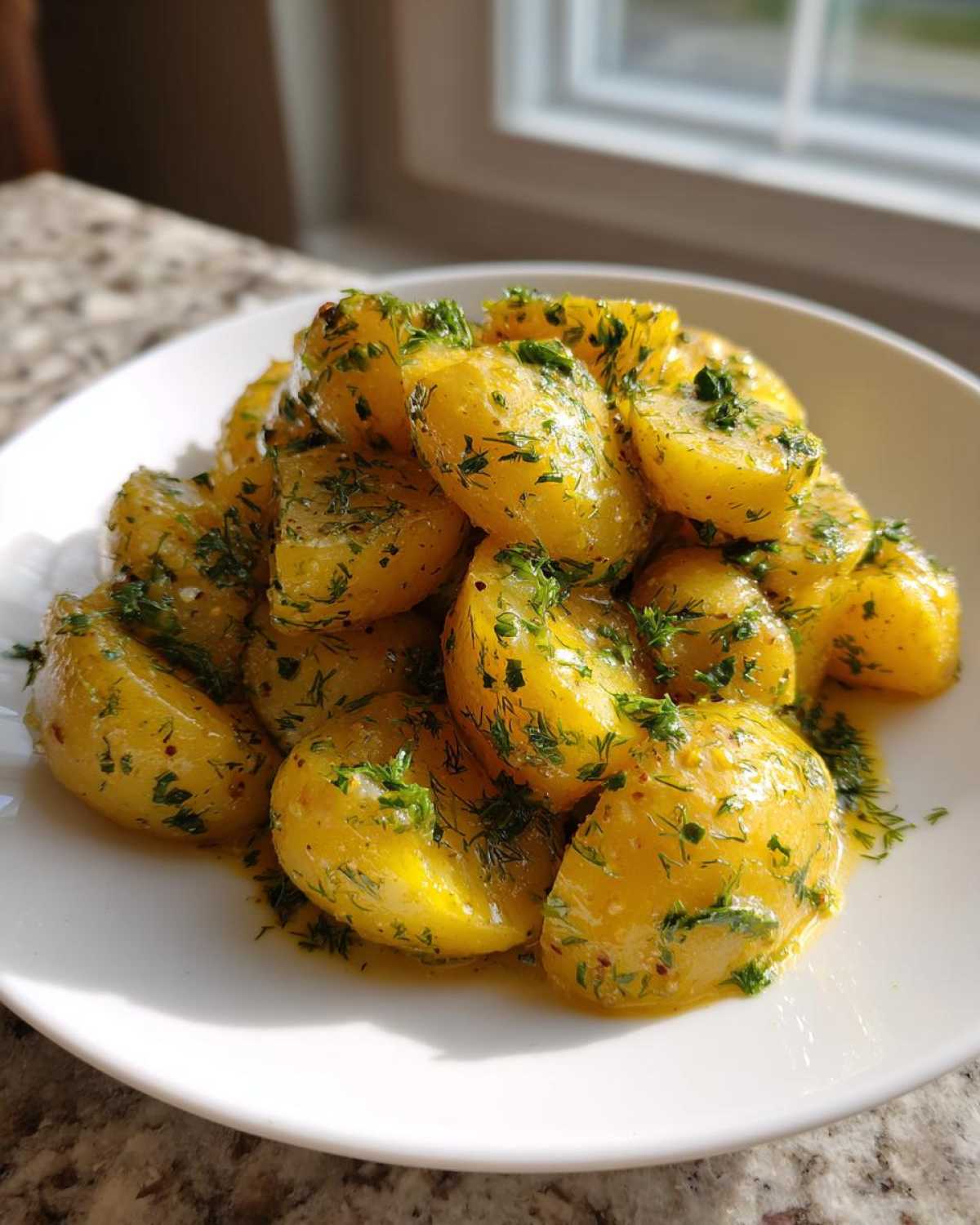 A serving of vibrant yellow Marinated Potato Salad, glistening with dressing and topped generously with fresh green dill.