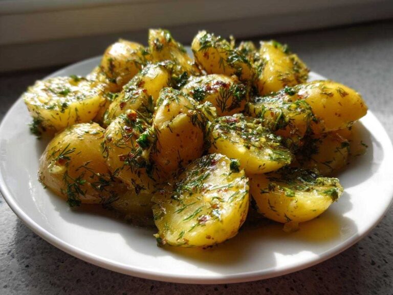 Close-up of warm, halved potatoes coated in a vibrant dressing with fresh dill, perfect for Marinated Potato Salad.
