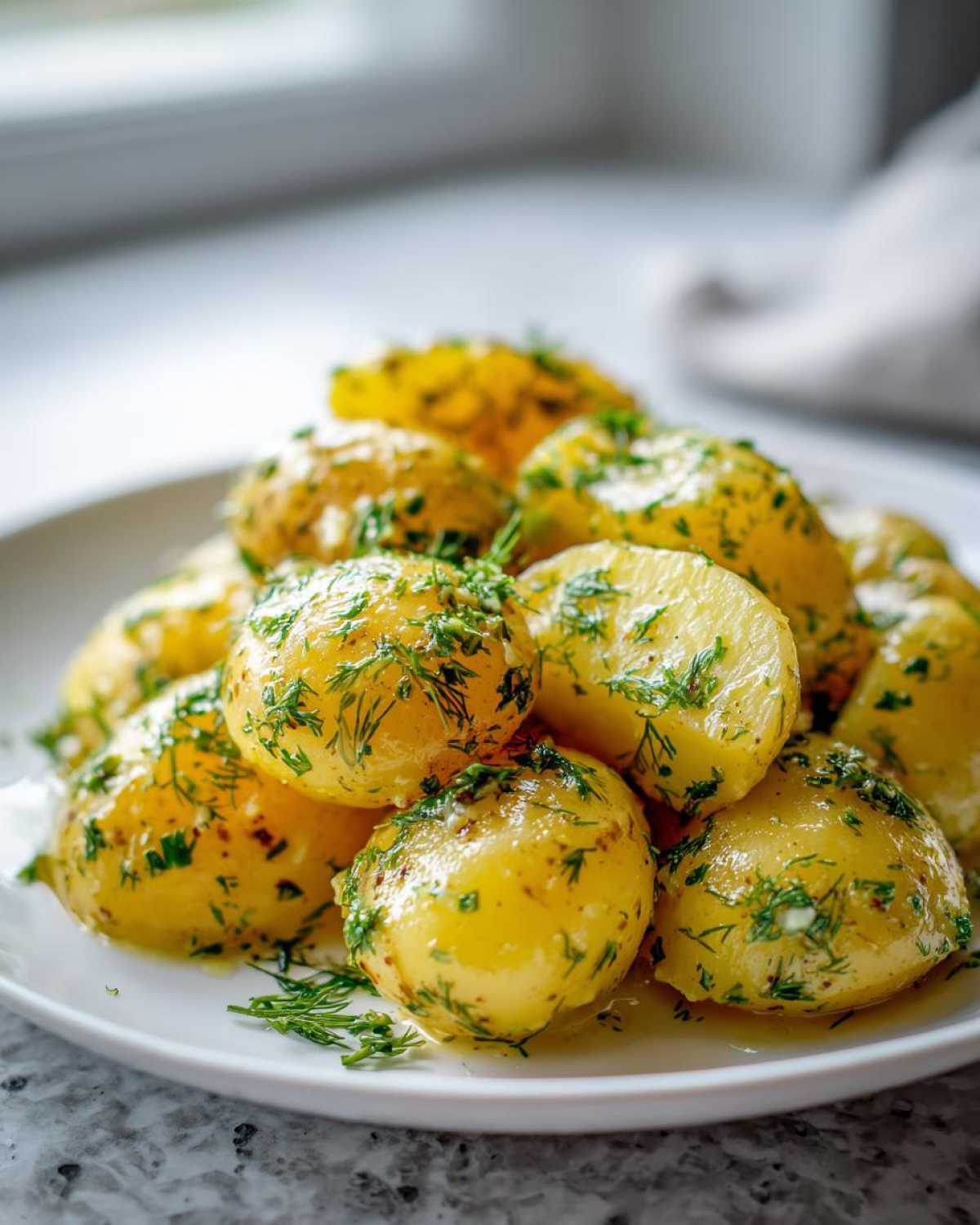 Close-up of boiled potatoes coated in a light dressing and fresh dill, ready for Marinated Potato Salad.