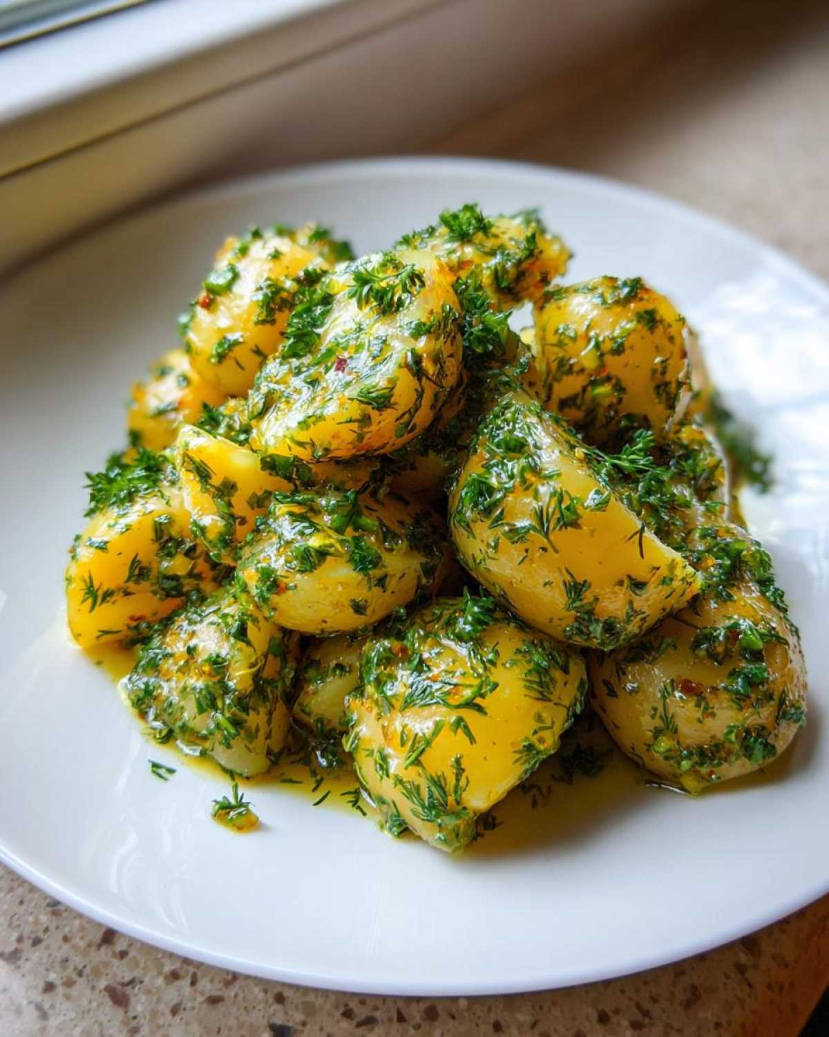 Close-up of warm Marinated Potato Salad pieces coated in a bright, herby vinaigrette on a white plate.