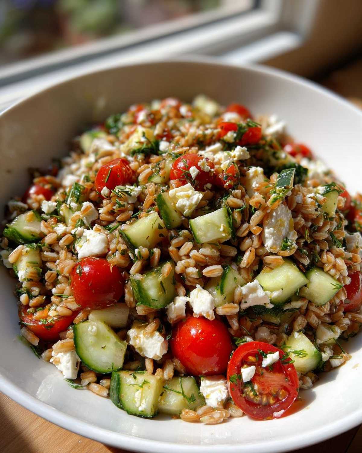 Close-up of a bright Mediterranean farro salad featuring whole farro grains, chopped cucumbers, cherry tomatoes, and feta cheese.