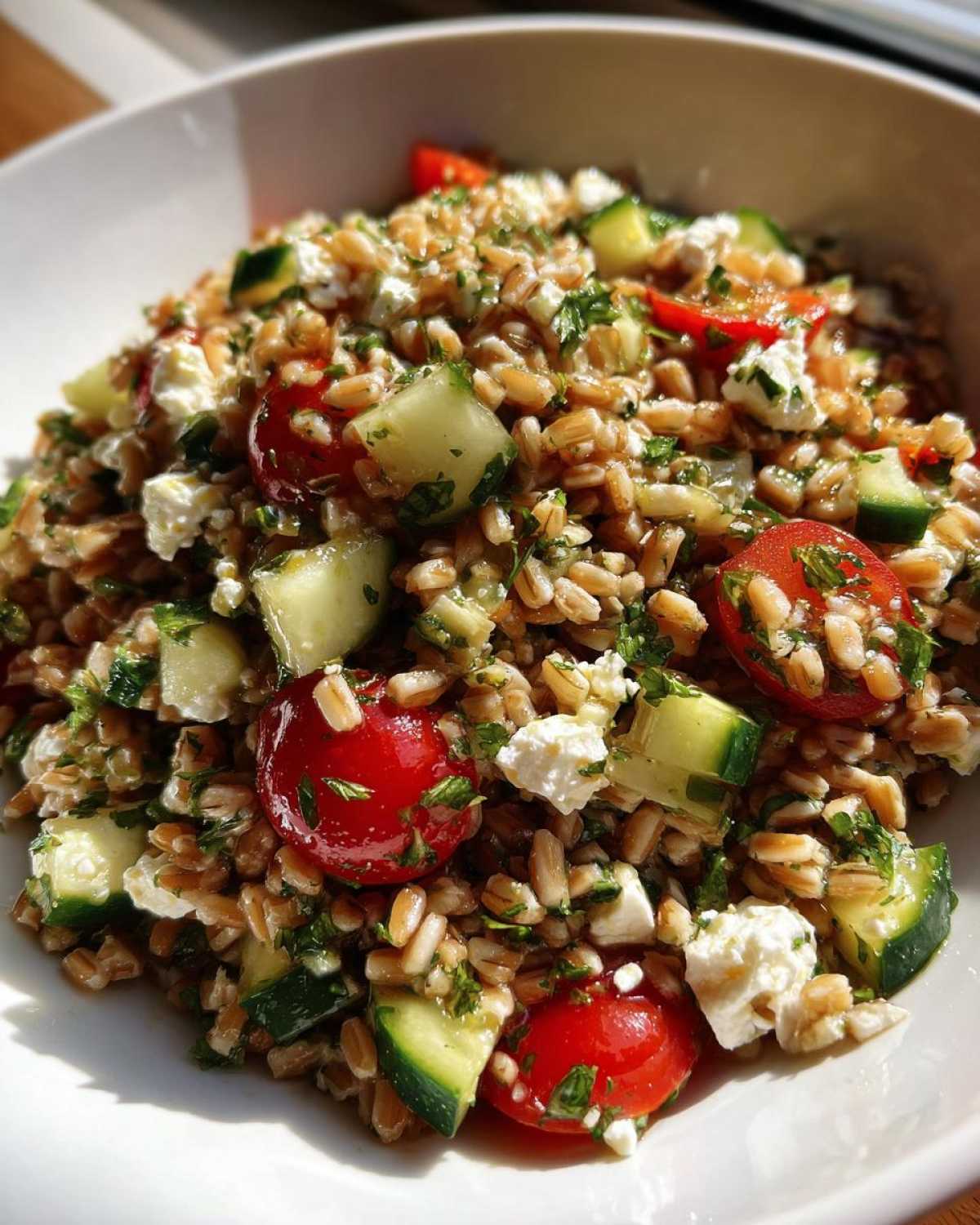 A close-up view of a vibrant Mediterranean farro salad featuring whole farro grains, cherry tomatoes, cucumber chunks, and feta cheese.