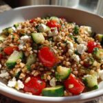 A close-up of a vibrant Mediterranean farro salad featuring cooked farro, cherry tomatoes, cucumber chunks, and crumbled feta cheese.