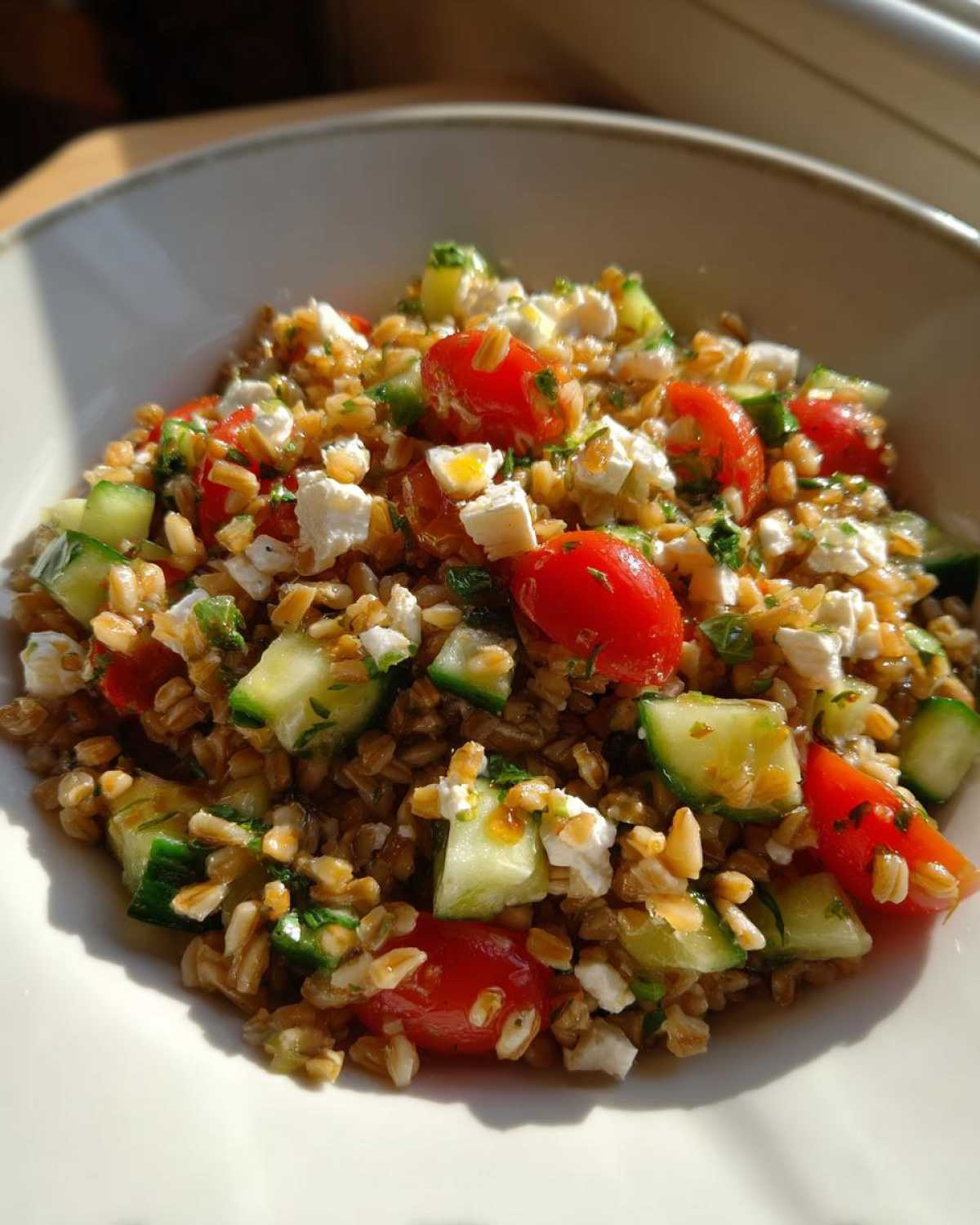 Close-up of a vibrant Mediterranean farro salad featuring cooked farro, chunks of cucumber, halved cherry tomatoes, and crumbled feta cheese.