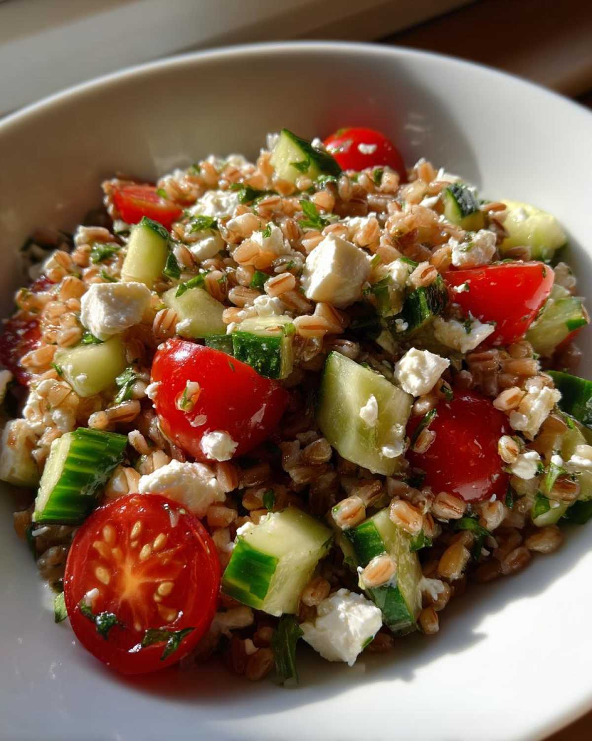 A close-up, sunlit view of a bowl containing Mediterranean farro salad with chunks of cucumber, cherry tomatoes, and feta cheese.
