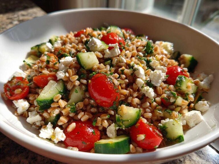 Amazing 40-Minute Mediterranean farro salad A close-up of a vibrant Mediterranean farro salad featuring cooked farro, cherry tomatoes, cucumber chunks, and crumbled feta cheese.