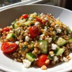 Close-up of a vibrant Mediterranean farro salad featuring cooked farro, chopped cucumbers, halved cherry tomatoes, and crumbled feta cheese.