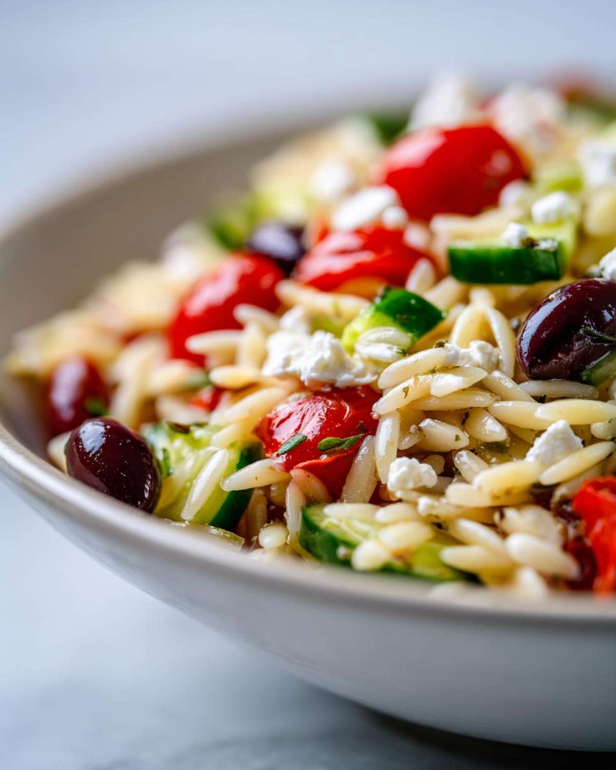 Close-up of a bowl filled with Mediterranean Orzo Salad with Feta, featuring orzo pasta, cherry tomatoes, cucumbers, olives, and feta cheese.