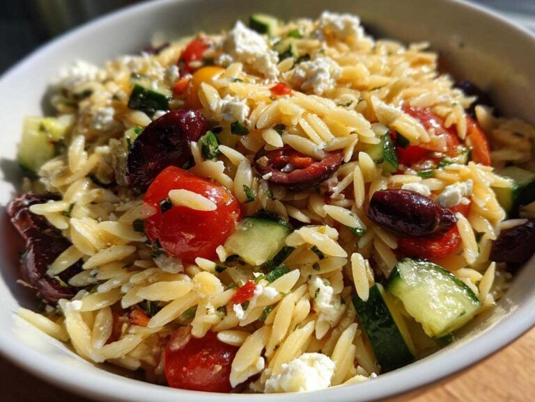 A close-up bowl of vibrant Mediterranean Orzo Salad with Feta, featuring orzo pasta, cherry tomatoes, cucumber, Kalamata olives, and crumbled feta.