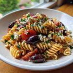 A close-up, appetizing view of a bowl filled with Mediterranean Pasta Salad featuring rotini pasta, cherry tomatoes, Kalamata olives, feta cheese, and herbs.