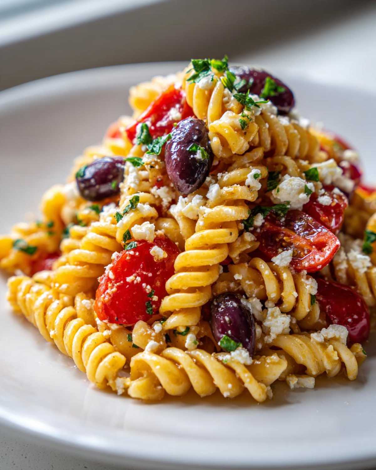 A close-up shot of a serving of Mediterranean Pasta Salad featuring rotini pasta, cherry tomatoes, Kalamata olives, and crumbled feta cheese.