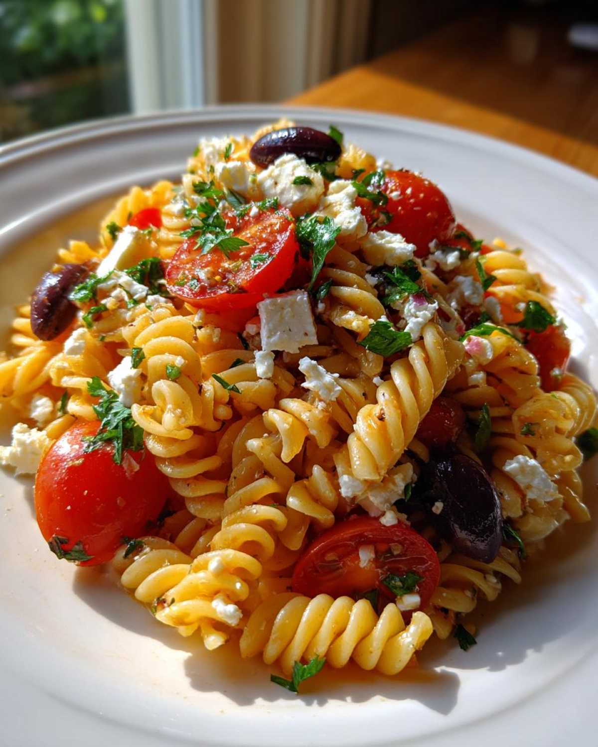 A close-up serving of bright Mediterranean Pasta Salad featuring fusilli pasta, cherry tomatoes, feta cheese, and Kalamata olives.