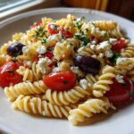A close-up serving of Mediterranean Pasta Salad featuring rotini pasta, halved cherry tomatoes, Kalamata olives, and crumbled feta cheese.